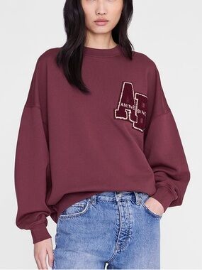 Anine Bing Miles Sweatshirt Letterman Fig/Burgundy Cotton Size Large Retail $240